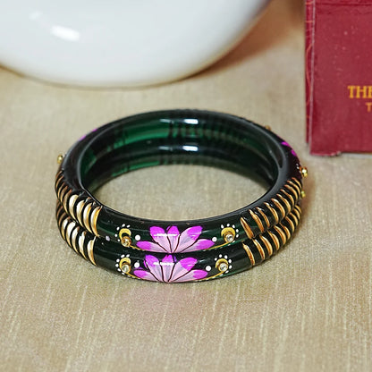 Handcrafted Lotus Printed Pattern Glass Kada for Women (Pack of 2)