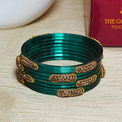 Glossy Finish Designer Glass Kada Bangles with Beads & Stone Work (Pack of 4)