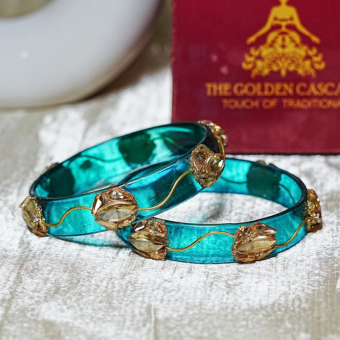 Traditional Flower Design Kundan Work Glass Kada for Women & Girls (Pack of 2)