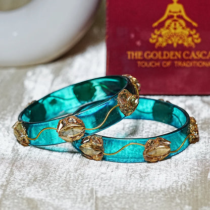 Traditional Flower Design Kundan Work Glass Kada for Women & Girls (Pack of 2)