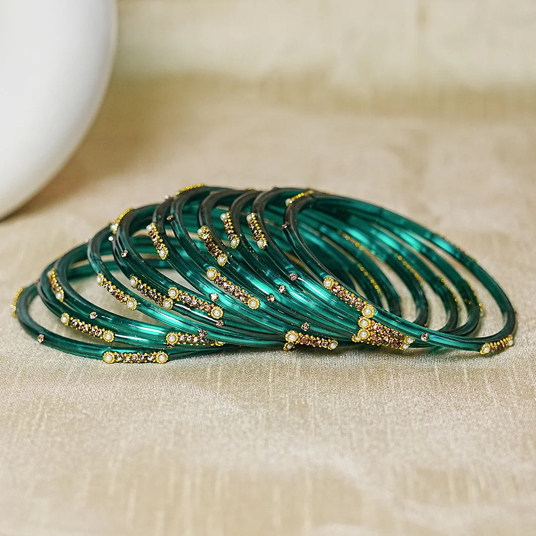 Premium Glass Bangles for Women | Zircon & Beads Work | Glossy Finish (Pack of 12)