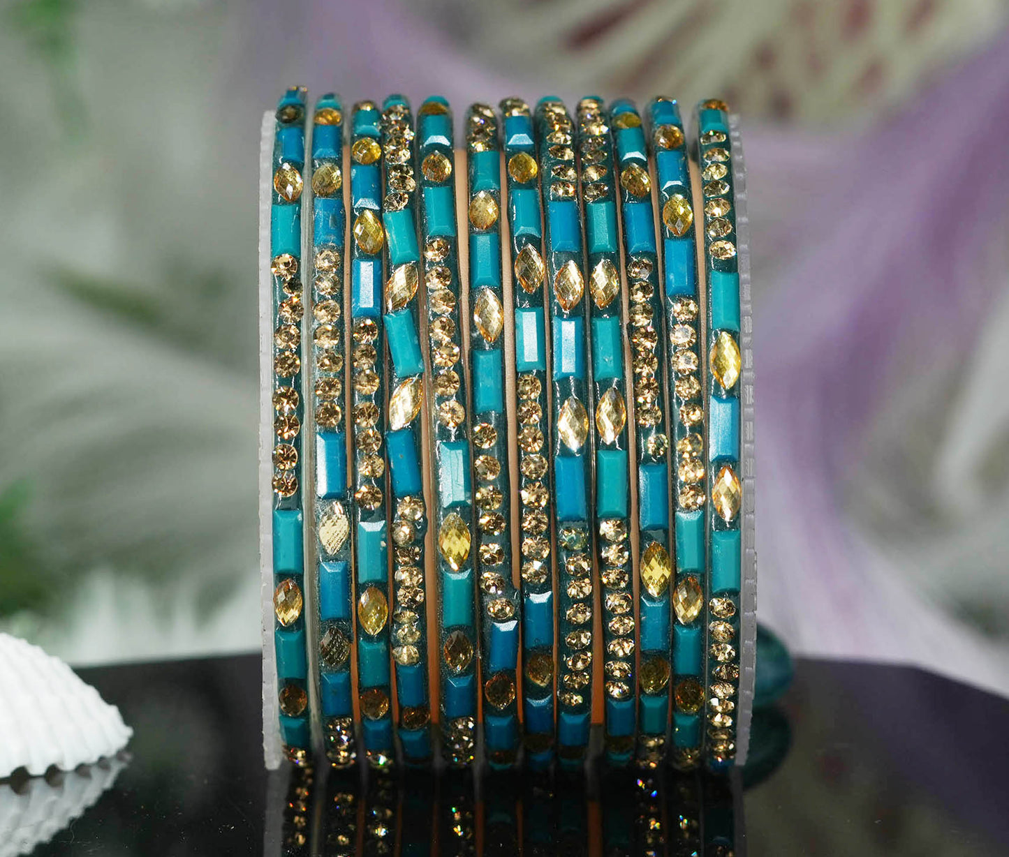 Multiple Color Glass Bangle with Stone Beads Work for Women & Girls (Pack 12 Bangles)
