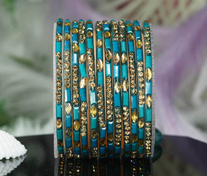 Multiple Color Glass Bangle with Stone Beads Work for Women & Girls (Pack 12 Bangles)