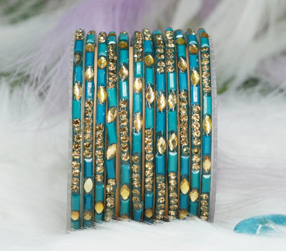 Multiple Color Glass Bangle with Stone Beads Work for Women & Girls (Pack 12 Bangles)
