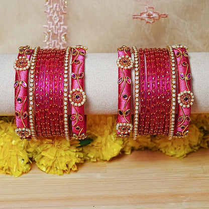 Traditional Thread Work Mini Glass Bangles Set for Women (Both Hands)