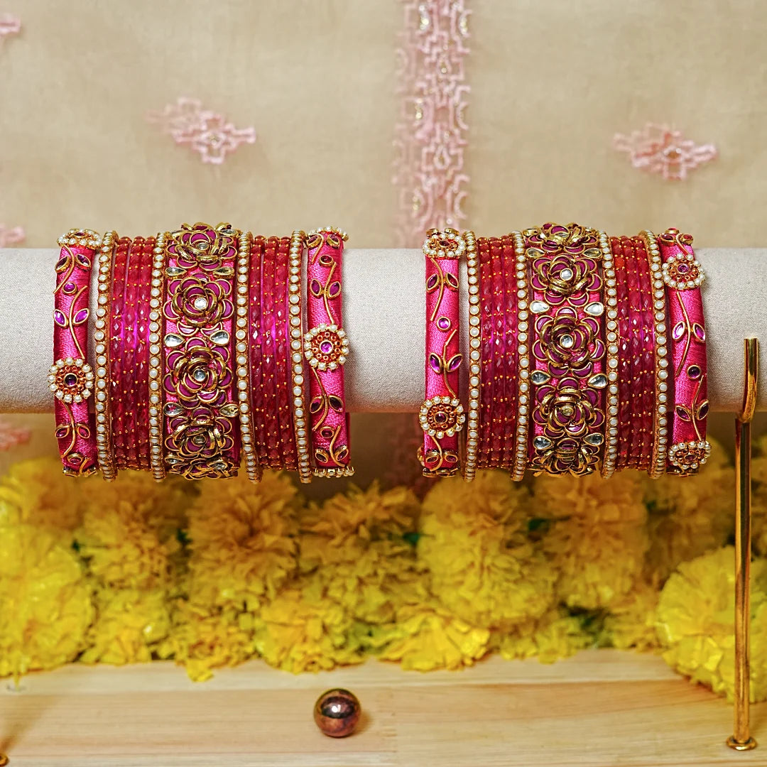 Traditional Handmade Thread Work Glass Bangles Set for Women (Both Hands)