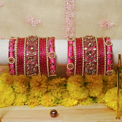 Traditional Handmade Thread Work Glass Bangles Set for Women (Both Hands)
