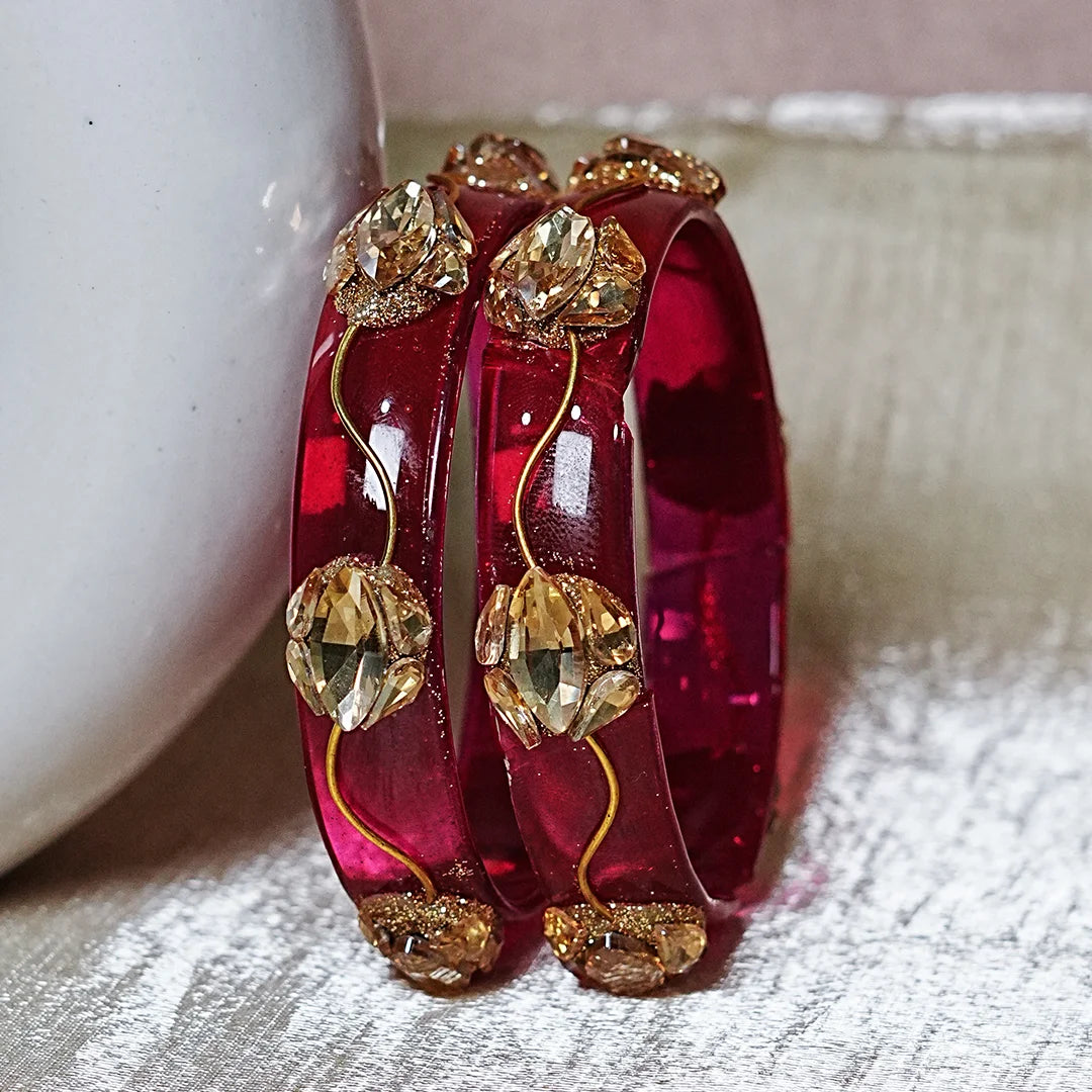 Traditional Flower Design Kundan Work Glass Kada for Women & Girls (Pack of 2)