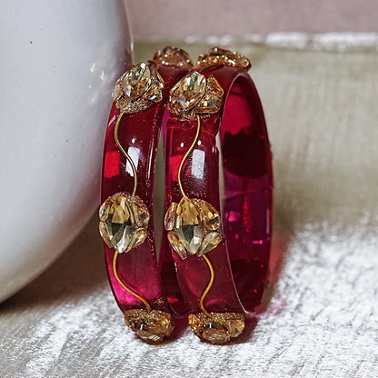 Traditional Flower Design Kundan Work Glass Kada for Women & Girls (Pack of 2)