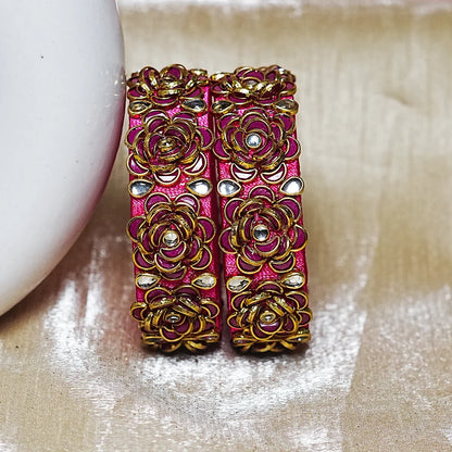 Handmade Thread Kada Bangle with Rose Motif and Kundan Work for Women & Girls (Pack of 2)
