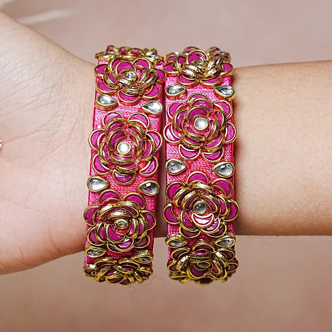 Handmade Thread Kada Bangle with Rose Motif and Kundan Work for Women & Girls (Pack of 2)