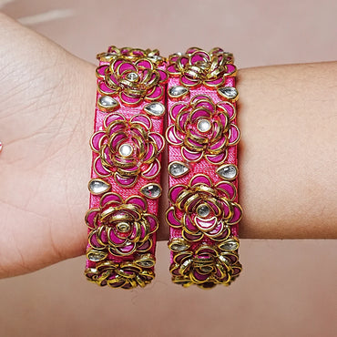 Handmade Thread Kada Bangle with Rose Motif and Kundan Work for Women & Girls (Pack of 2)