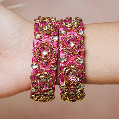 Handmade Thread Kada Bangle with Rose Motif and Kundan Work for Women & Girls (Pack of 2)