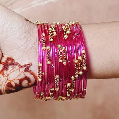 Premium Glass Bangles for Women | Zircon & Beads Work | Glossy Finish (Pack of 12)