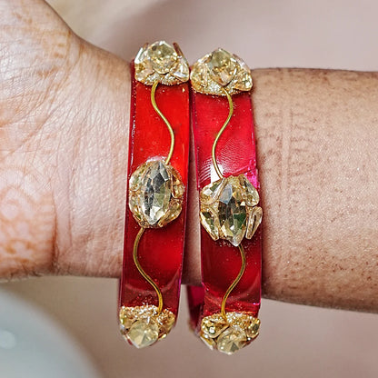 Traditional Flower Design Kundan Work Glass Kada for Women & Girls (Pack of 2)