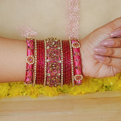 Traditional Handmade Thread Work Glass Bangles Set for Women (Both Hands)
