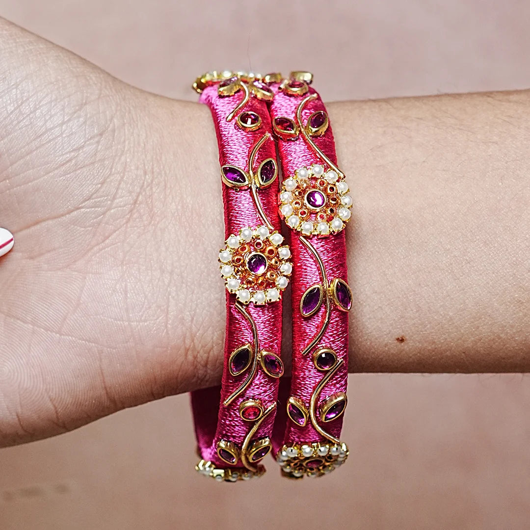 Designer Thread Work Kundan Leaf Style Kada Bangle for Women & Girls (Pack of 2)