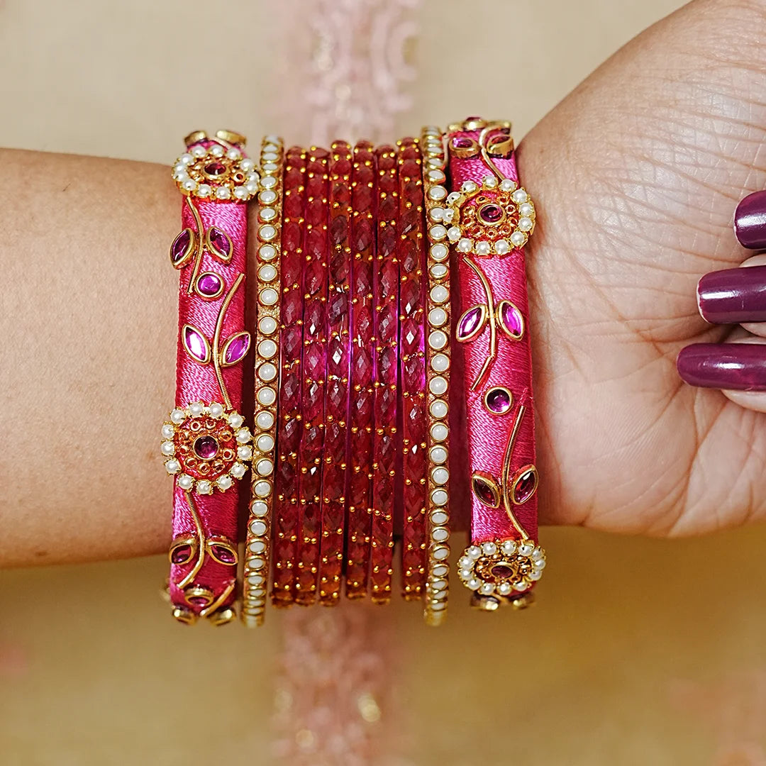 Traditional Thread Work Mini Glass Bangles Set for Women (Both Hands)