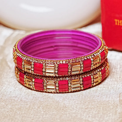 Designer Glass Kada Bangle with Stone & Beads Work for Women & Girls (Pack of 2)