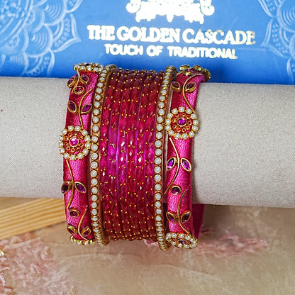 Traditional Thread Work Mini Glass Bangles Set for Women (Both Hands)