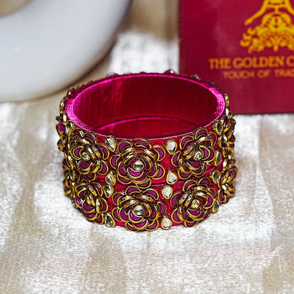 Handmade Thread Kada Bangle with Rose Motif and Kundan Work for Women & Girls (Pack of 2)