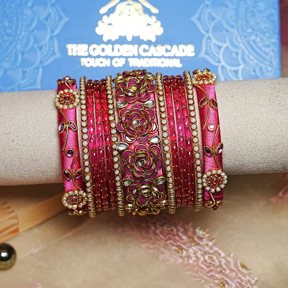 Traditional Handmade Thread Work Glass Bangles Set for Women (Both Hands)