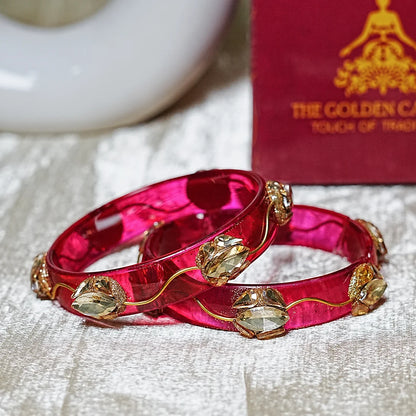 Traditional Flower Design Kundan Work Glass Kada for Women & Girls (Pack of 2)