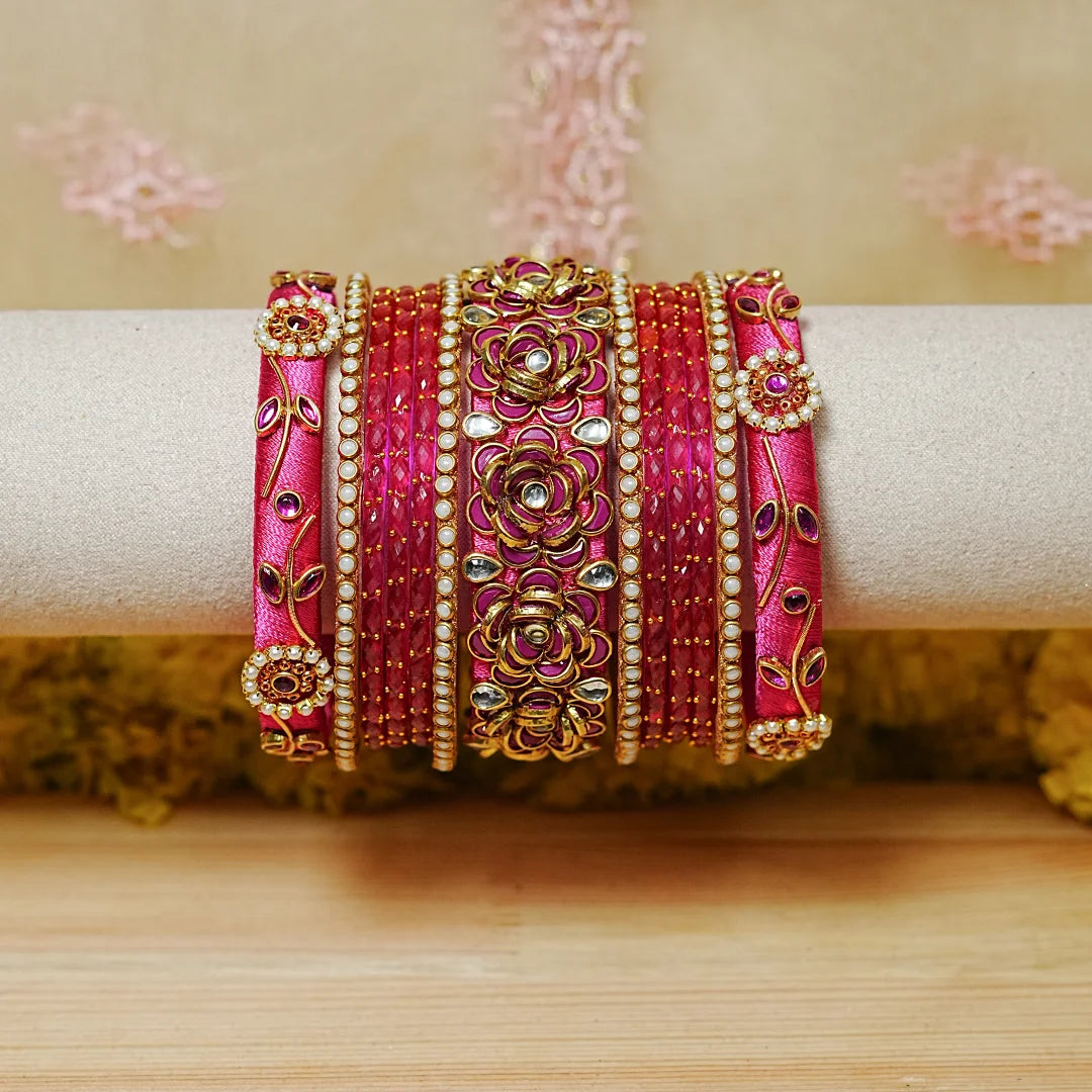 Traditional Handmade Thread Work Glass Bangles Set for Women (Both Hands)