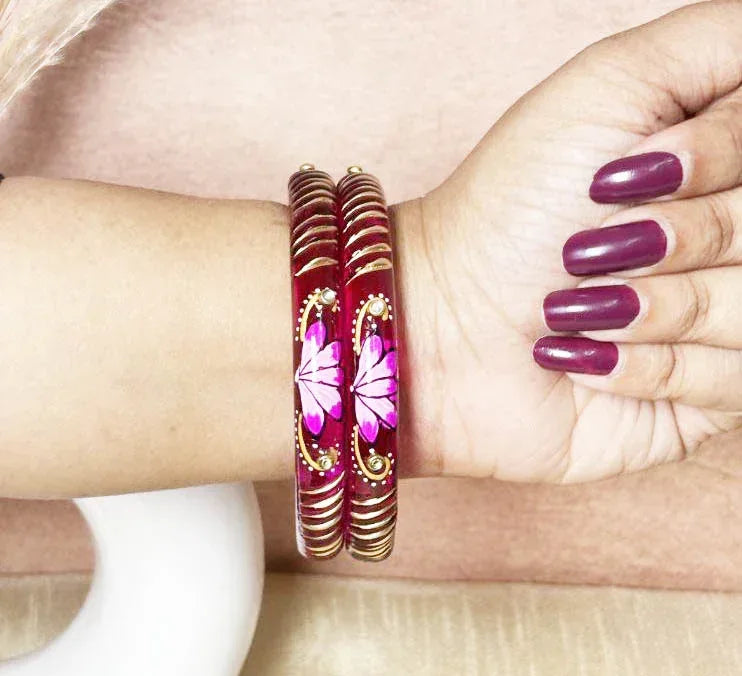 Handcrafted Lotus Printed Pattern Glass Kada for Women (Pack of 2) - The Golden Cascade