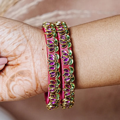 Handcrafted Silk Thread Kada Bangles with Lotus Motif for Women & Girls (Pack of 2)