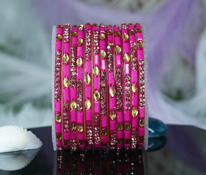 Multiple Color Glass Bangle with Stone Beads Work for Women & Girls (Pack 12 Bangles)