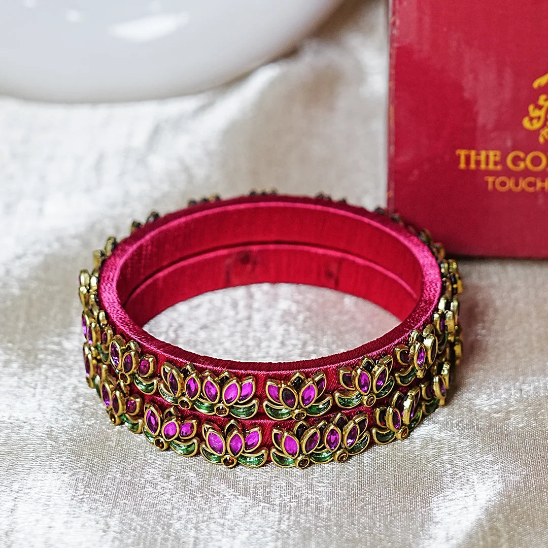 Handcrafted Silk Thread Kada Bangles with Lotus Motif for Women & Girls (Pack of 2)