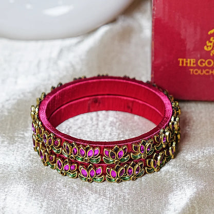 Handcrafted Silk Thread Kada Bangles with Lotus Motif for Women & Girls (Pack of 2)