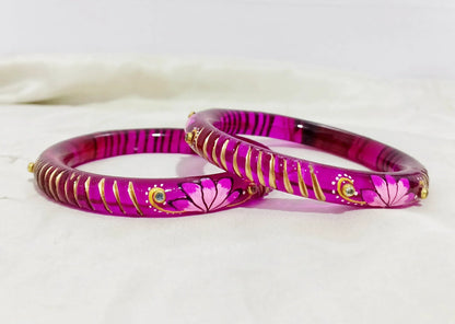 Handcrafted Lotus Printed Pattern Glass Kada for Women (Pack of 2) - The Golden Cascade