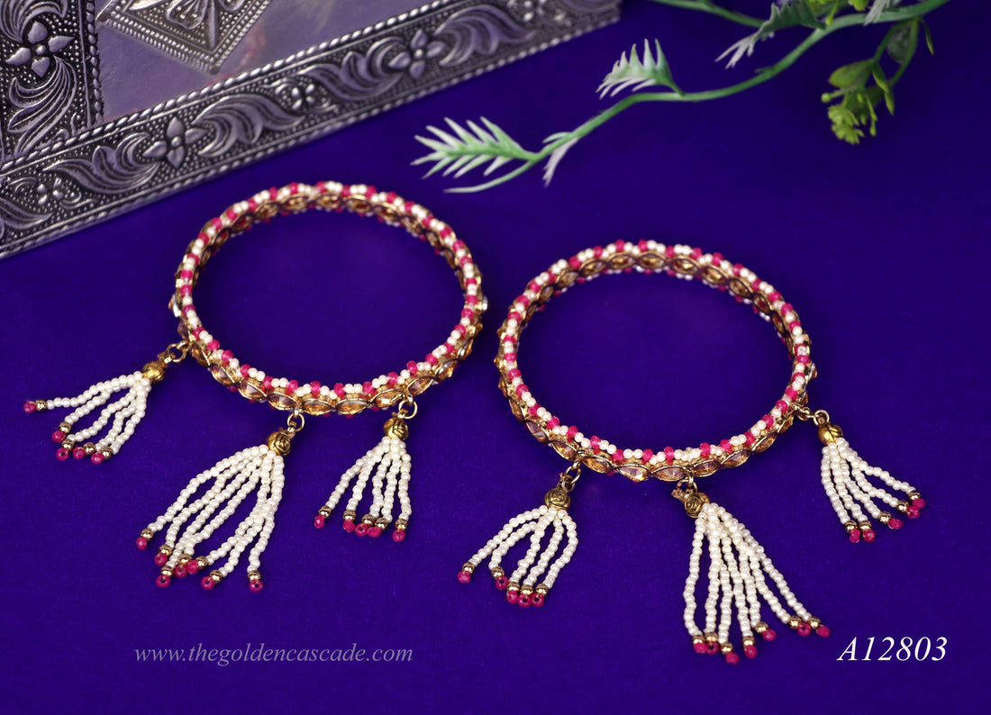 Kundan Studded Gold Plated Metal Kada for Women | Traditional Pearl Latkan Design | Ethnic Indian Jewelry for Weddings, Festivals & Special Occasions