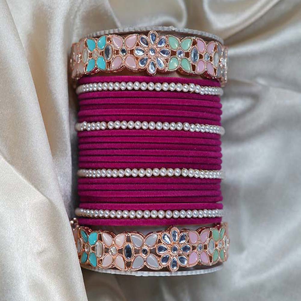 Magenta Color Velvet Metal Bangle Set for Women & Girls (Both Hand)