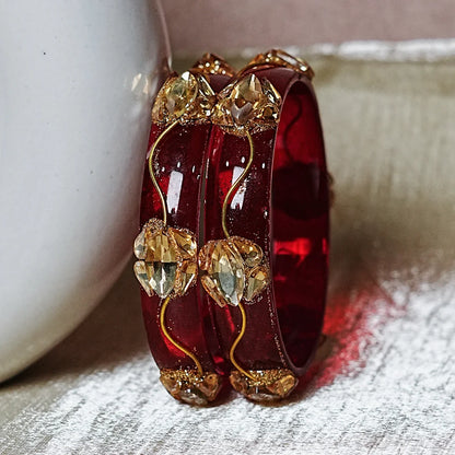 Traditional Flower Design Kundan Work Glass Kada for Women & Girls (Pack of 2)