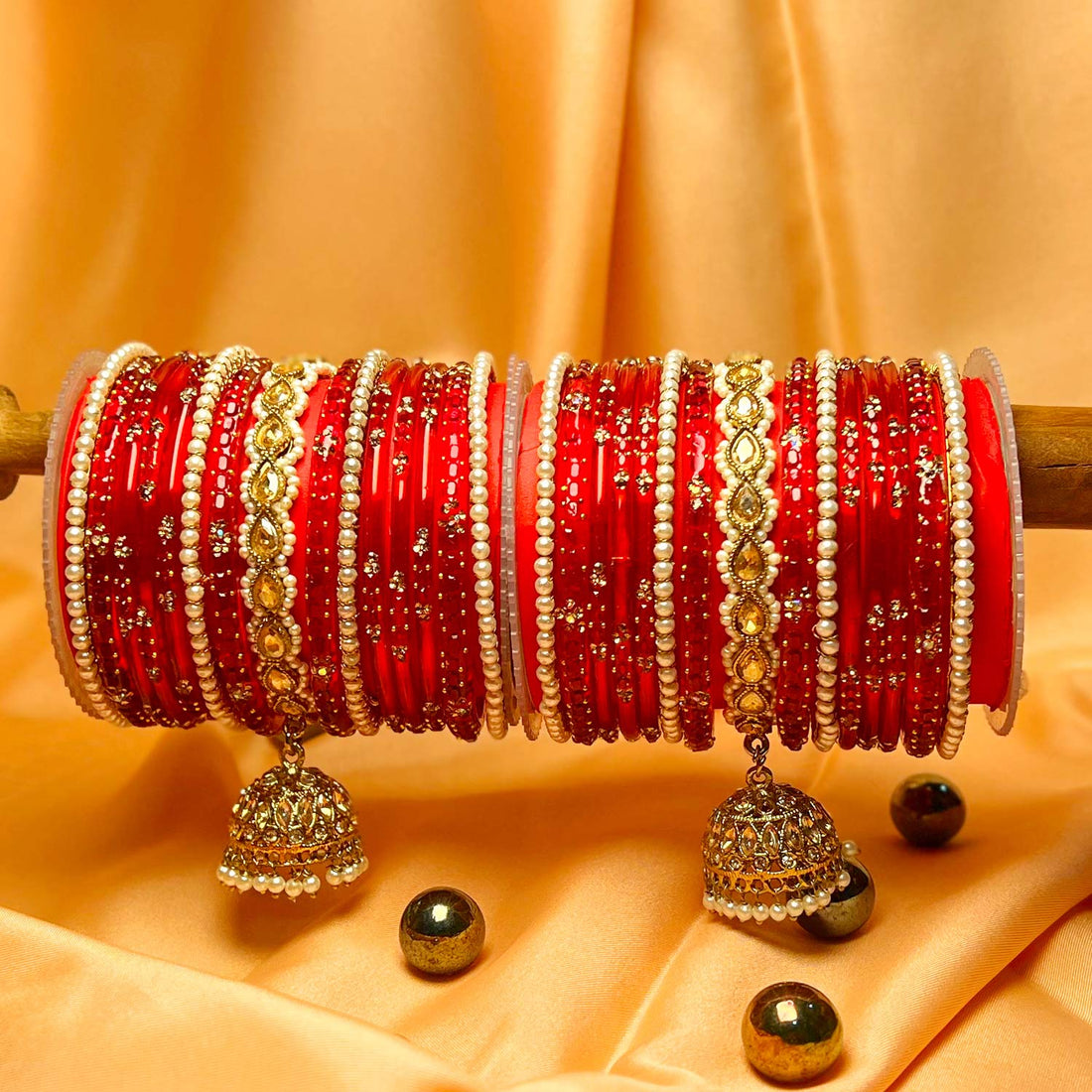 Traditional Red Glass Bangle with Pearl & Metal Jhumki Kada Set for Women (Both Hands)
