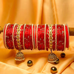 Traditional Red Glass Bangle with Pearl & Metal Jhumki Kada Set for Women