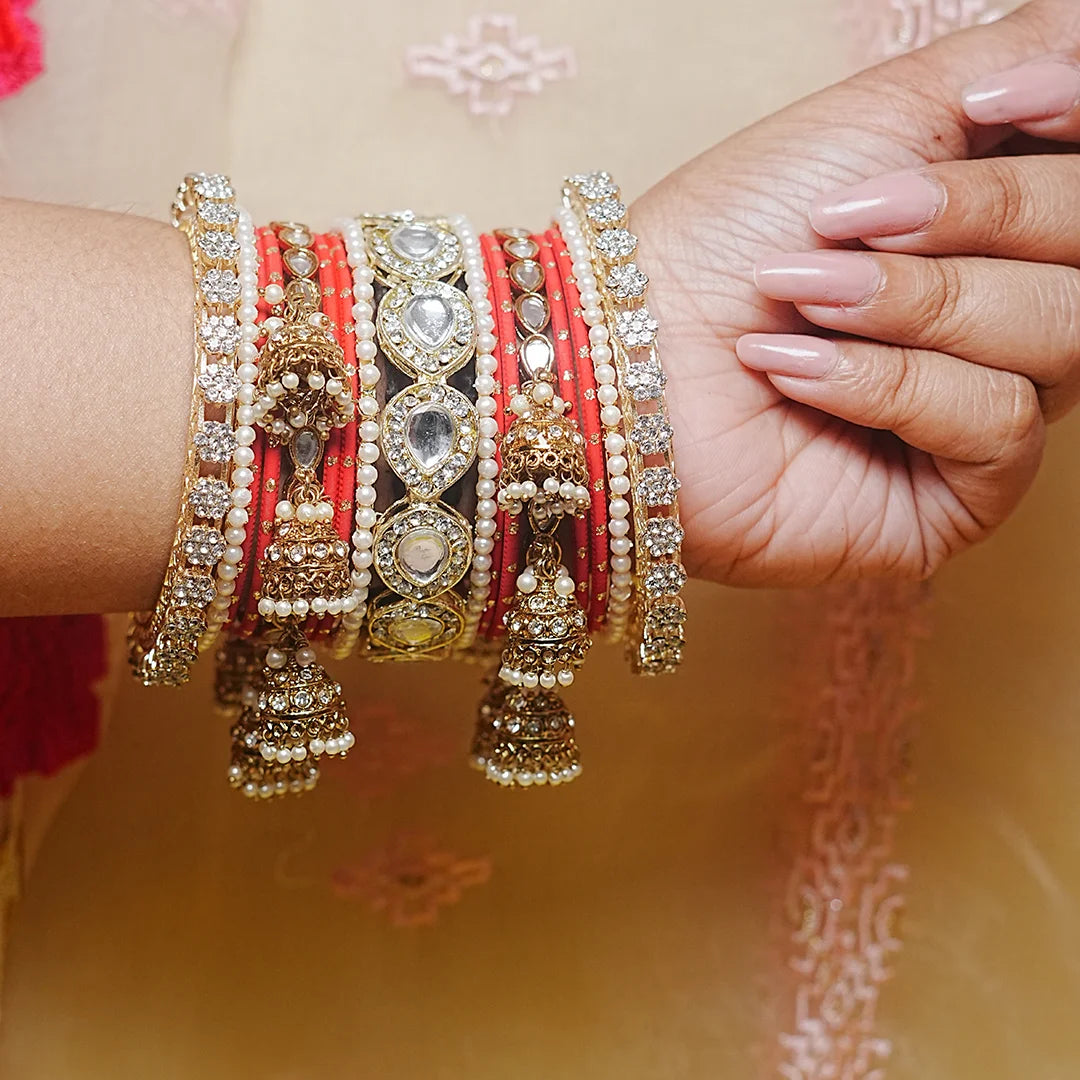 Traditional Bangles Set for Women & Girls | Kundan Work with Jhumki Latkan Kada