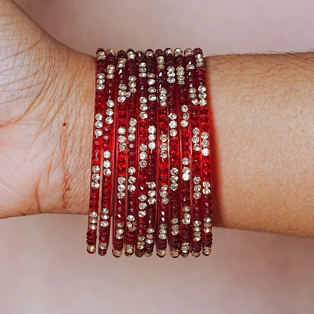 Traditional Indian Glass Bangles for Women with Stone Work (Pack of 12)