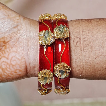 Traditional Flower Design Kundan Work Glass Kada for Women & Girls (Pack of 2)