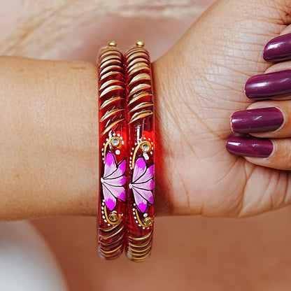 Handcrafted Lotus Printed Pattern Glass Kada for Women (Pack of 2)