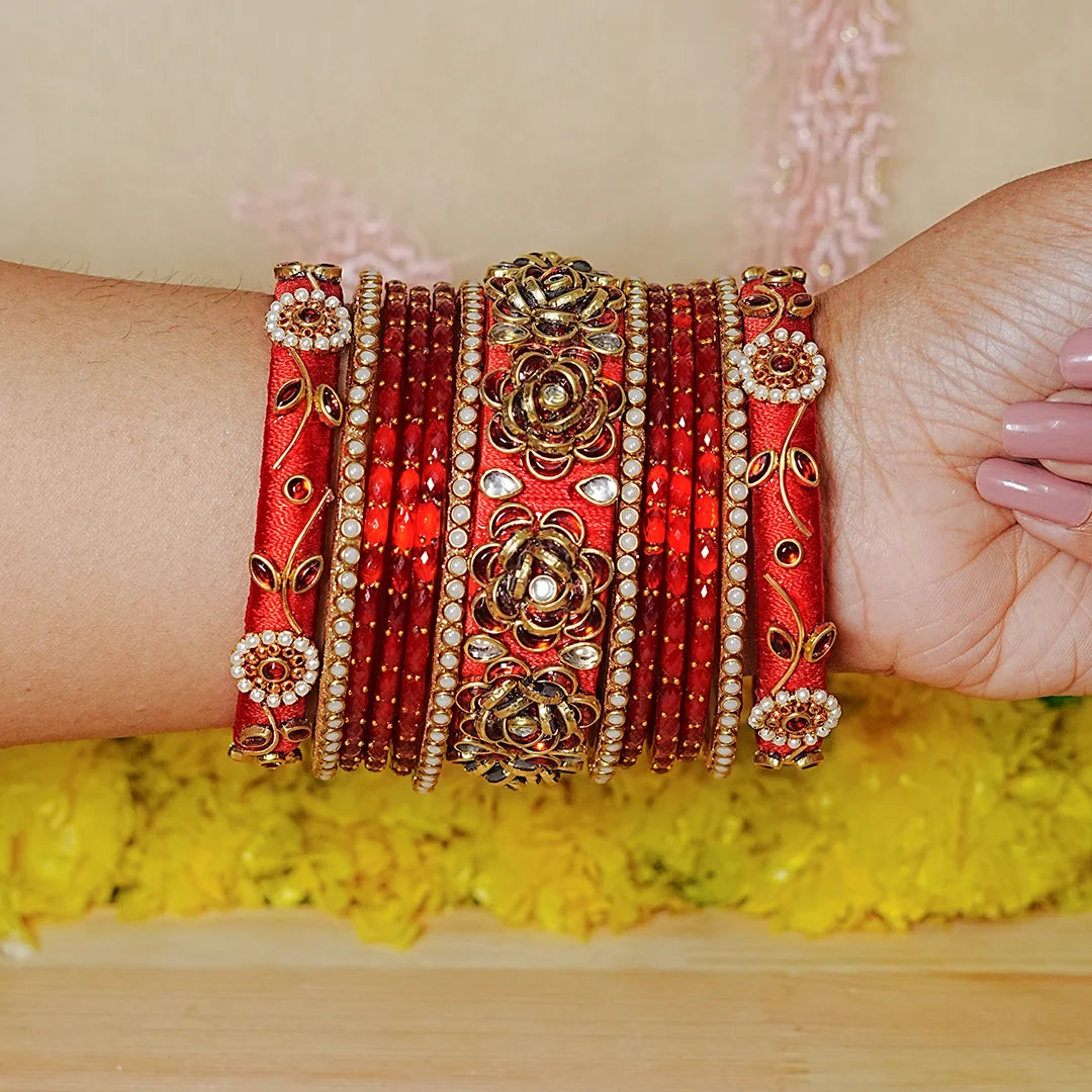 Traditional Handmade Thread Work Glass Bangles Set for Women (Both Hands)