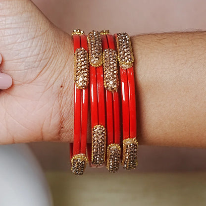 Glossy Finish Designer Glass Kada Bangles with Beads & Stone Work (Pack of 4)