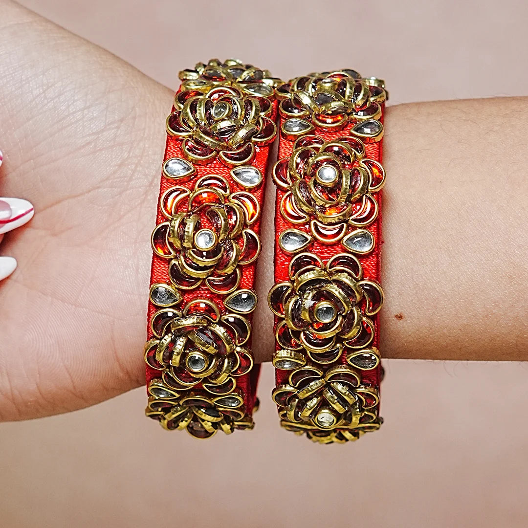 Handmade Thread Kada Bangle with Rose Motif and Kundan Work for Women & Girls (Pack of 2)