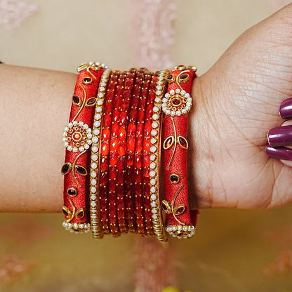 Traditional Thread Work Mini Glass Bangles Set for Women (Both Hands)