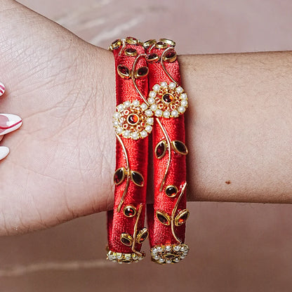 Designer Thread Work Kundan Leaf Style Kada Bangle for Women & Girls (Pack of 2)