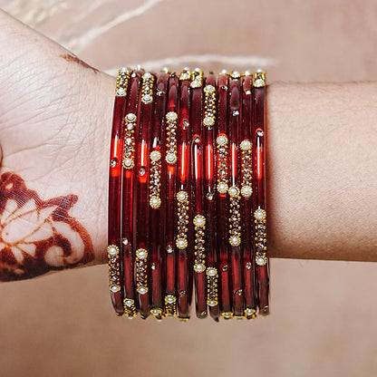 Premium Glass Bangles for Women | Zircon & Beads Work | Glossy Finish (Pack of 12)