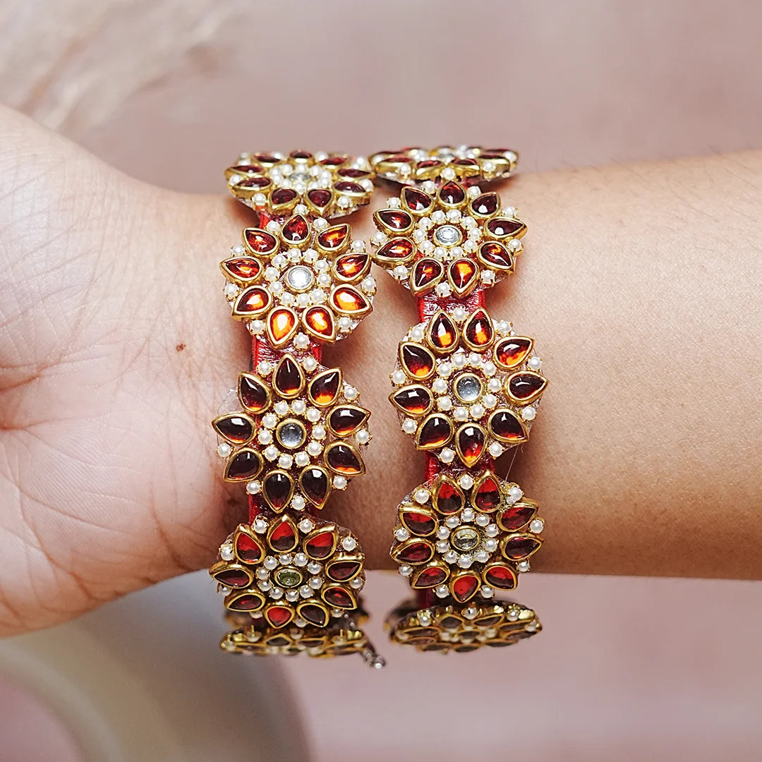 Premium Kundan Work Floral Thread Kada Bangle for Women & Girls (Pack of 2)
